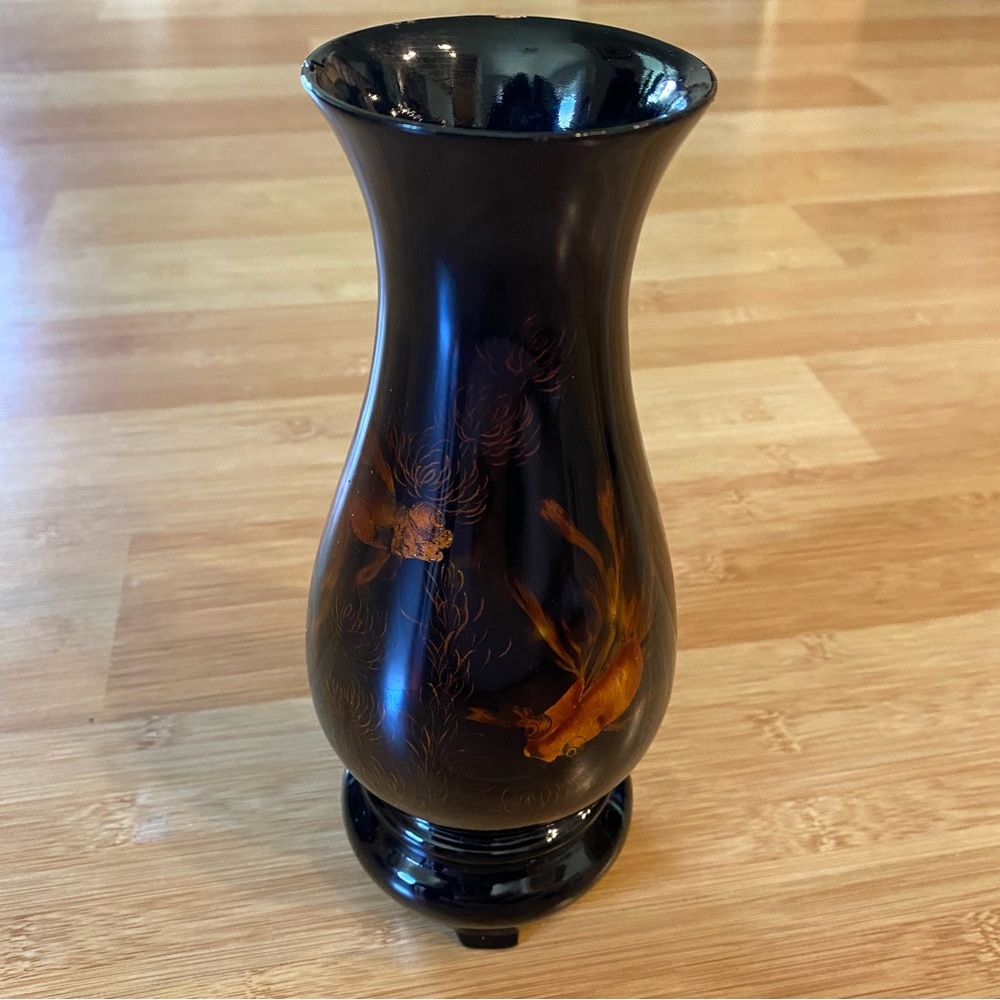 Vintage Black Lacquer Vase with Gold Fishes